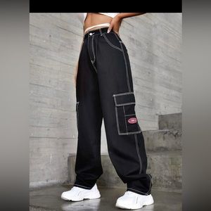 Patched Detail Flap Pocket Wide Leg Jeans